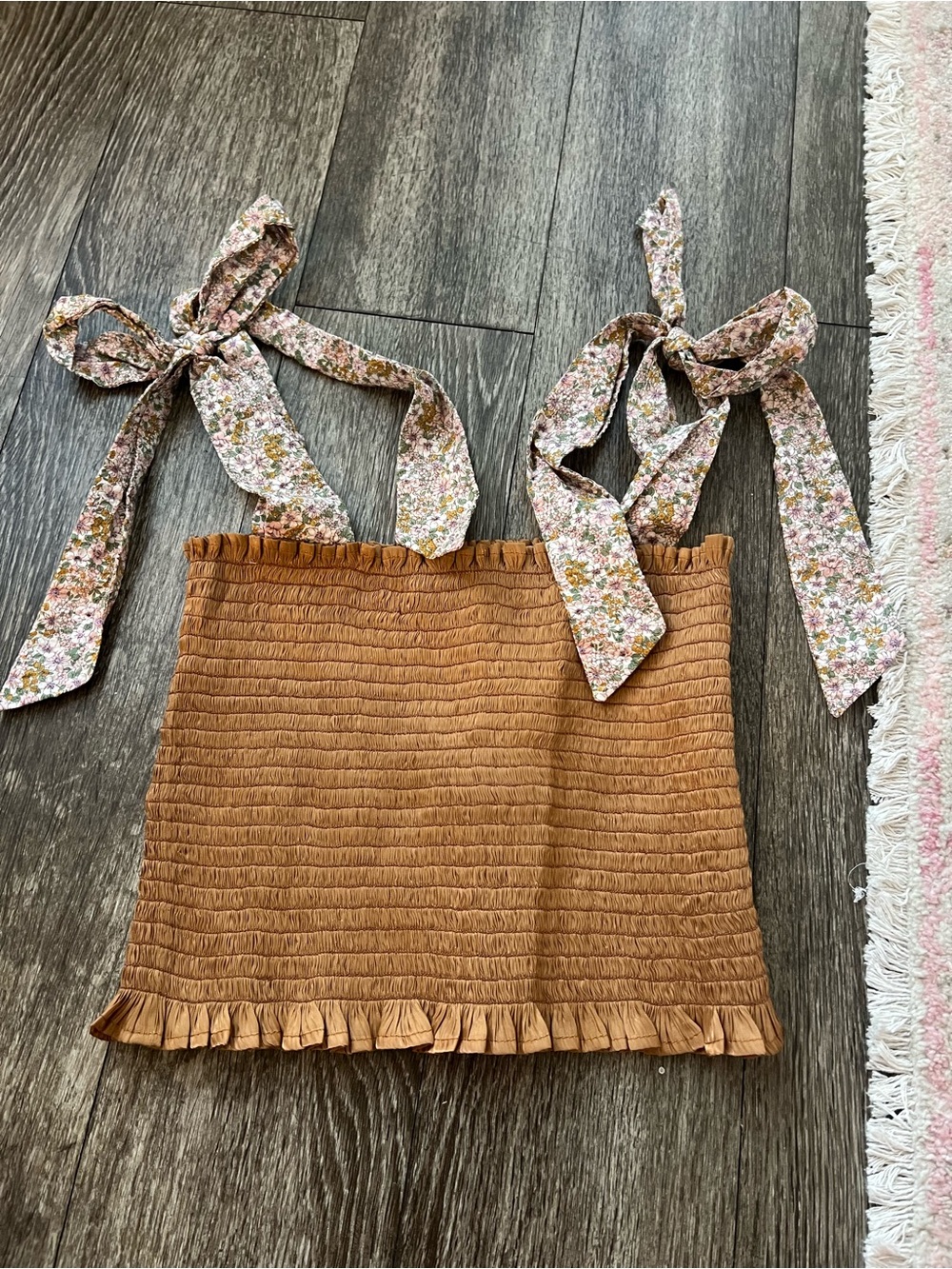 Koch Smocked Tan Top with Floral Tie Straps size S